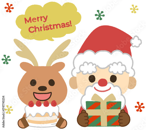 クリスマスを祝う可愛いトナカイとサンタのアイコンイラスト