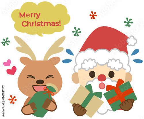 クリスマスプレゼントを持った可愛いトナカイとサンタのアイコンイラスト