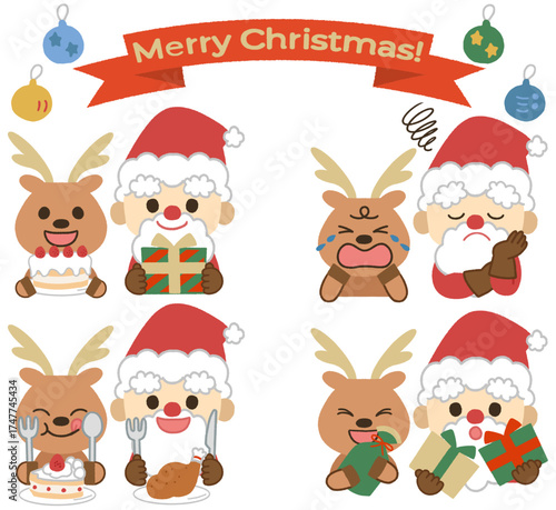 クリスマスを祝う可愛いトナカイとサンタのアイコンイラスト素材セット