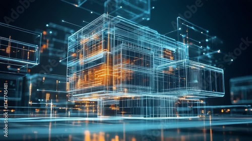 Digital architecture blueprint showing data connection and structure