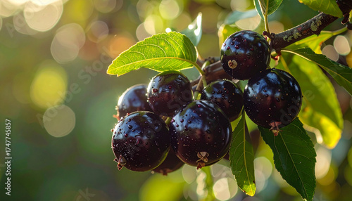 Fresh jabuticaba berries on branch, macro detail, natural outdoor light