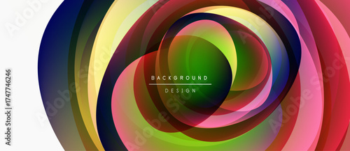 Abstract colorful swirls create dynamic visual effect. Concentric layers blend, forming captivating background design. Bright hues dominate composition.