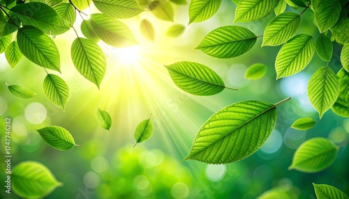 Beautiful nature background of vibrant green leaves and branches under the summer sun, perfect for a floral design or plant wallpaper