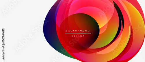 Abstract colorful layers create dynamic circular design. Vibrant hues blend, forming modern background element. Text reads background design.