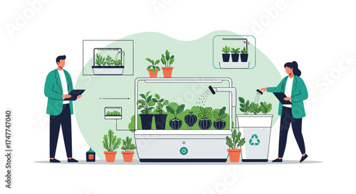 Scientists are studying plants in a modern indoor farming system for sustainable agriculture.