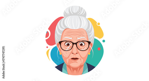 An elderly woman with glasses and a surprised expression wearing a bun hairstyle and colorful abstract shapes in the background.