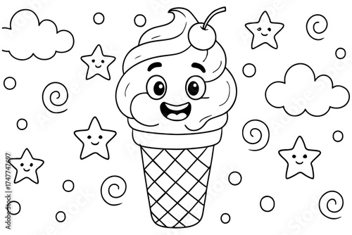 Cute smiling ice cream cone coloring page surrounded by happy stars, clouds, and swirls. Fun and cheerful dessert-themed illustration perfect for kids to color.