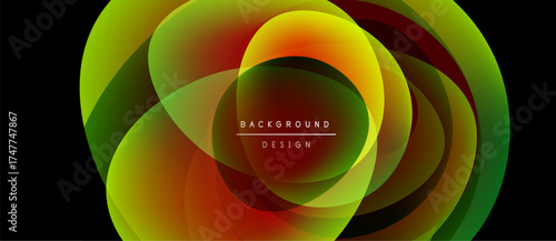 Abstract colorful layers create dynamic circular pattern. Background design features gradients, blending green, yellow, red hues. Modern visual element.