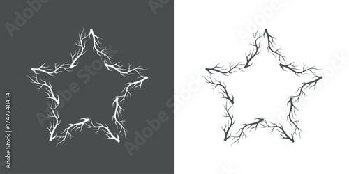 Tiempo de otoño. Logo con silueta de marco con forma de estrella con de ramas de árbol para tarjetas y felicitaciones de Navidad