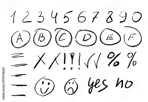 Crayon line grade mark. Handwriting pencil check score for exam with wrong and good sign in circle. School kids grading and teacher scribble to underline word on paper design. Tick and cross doodle.