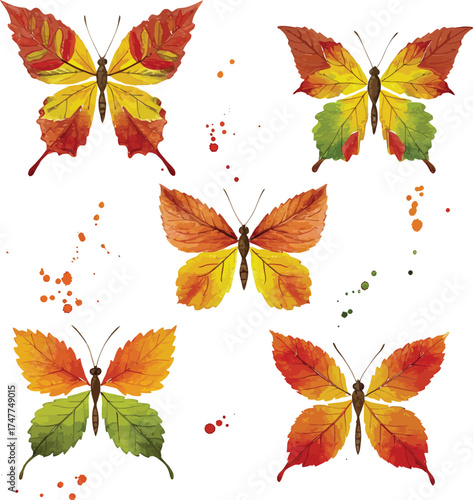 Six artistic butterflies crafted from autumn leaves in vibrant seasonal colors