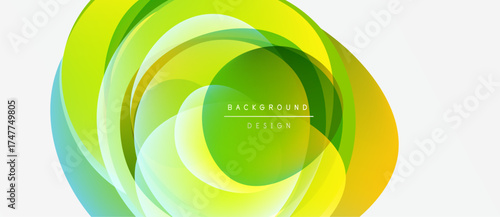 Abstract vibrant layers create circular design. Yellow, green, turquoise hues blend smoothly. Modern background element for projects.