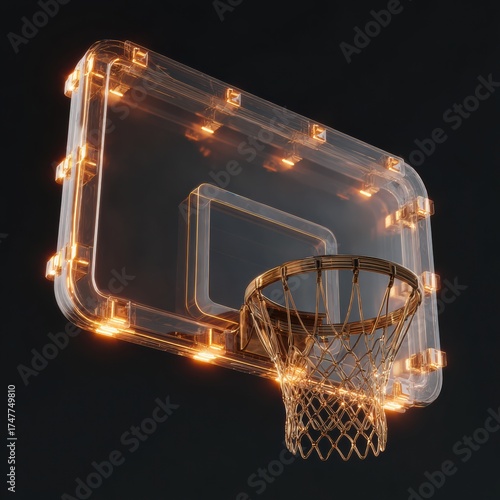 Illuminated Basketball Hoop on Dark Background Rendered in Transparent Plastic and Gold Accents Sports Concept