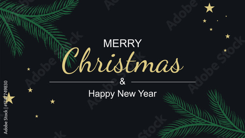 Merry Christmas and Happy New Year banner. Greeting card with spruce branches, golden stars, and text. Vector graphics