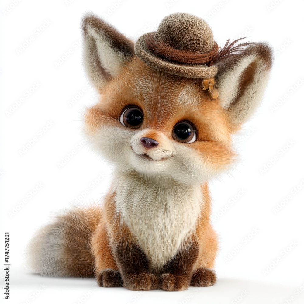 Obraz premium Adorable baby fox wearing a tiny brown hat sitting against a white background