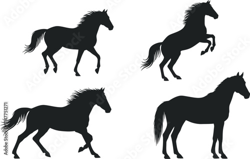 Vector art of collection of four black horse silhouettes in different poses