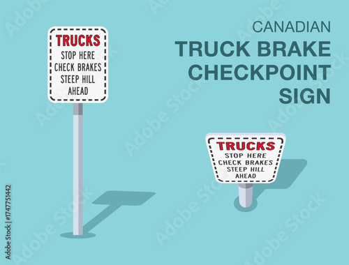 Traffic regulation rules. Isolated canadian "truck brake checkpoint" road sign. Front and top view. Flat vector illustration template.