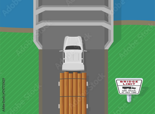 Traffic regulation rules and tips. "Bridge limit, one truck any time" sign area. Top view of a loaded logging truck approaching the bridge. Flat vector illustration template
