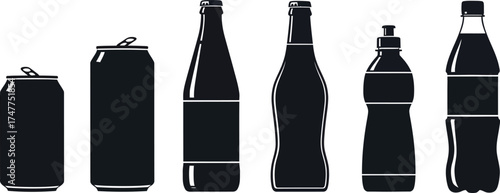 Vector art of collection of black silhouette beverage containers including cans and bottles