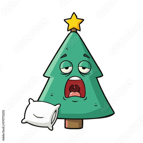 Sleepy Christmas Tree Character Yawning Cartoon Vector Green Yellow White for Holiday Humor