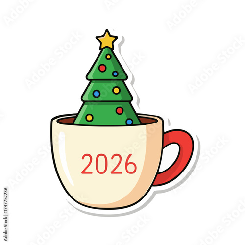 Wallpaper Mural Tiny Christmas Tree Coffee Cup Marked Cozy Ups Cartoon Sticker Green Red Yellow for New Year 2026 Holiday Torontodigital.ca