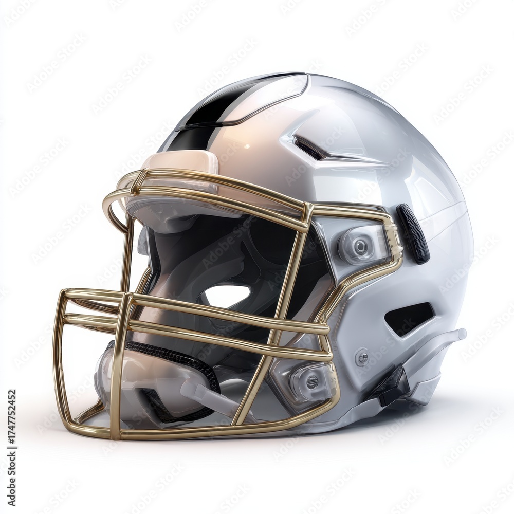 Fototapeta premium Detailed realistic digital illustration of a silver American football helmet with a gold facemask on a white background