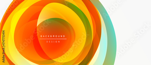 Abstract layers create vibrant circular design. Orange, yellow, green hues blend smoothly. Text reads background design. Modern, dynamic visual.