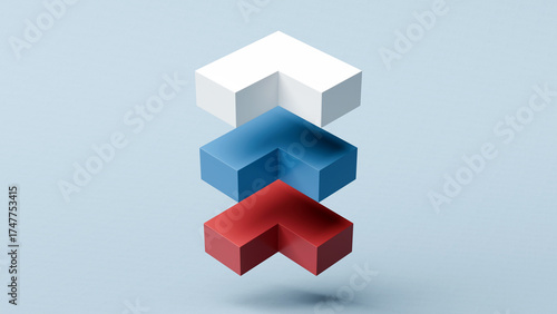 Fototapeta Naklejka Na Ścianę i Meble -  Layered chevron blocks pointing upward, geometric abstraction symbolizing growth, ambition, progress, momentum - 3d render