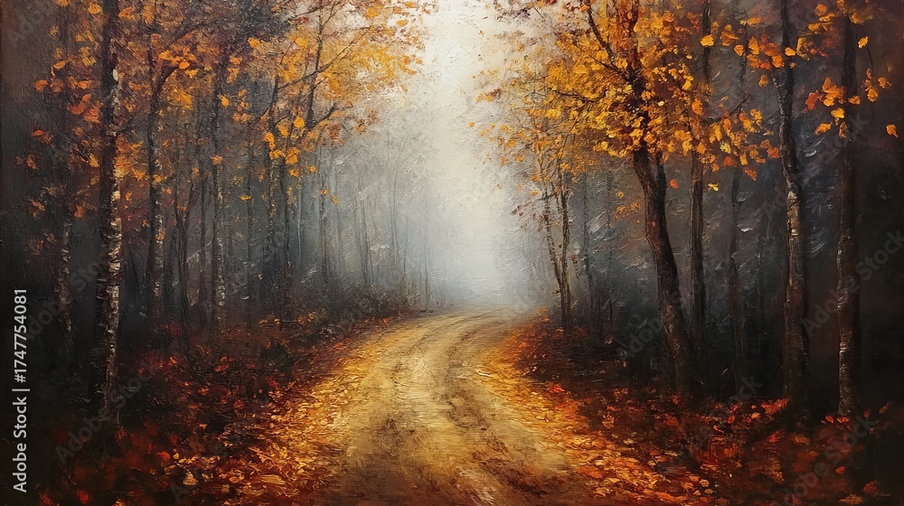 Fototapeta premium Stunning impressionist oil painting captures a misty autumn forest path bathed in golden light, evoking serene contemplation and natural beauty.