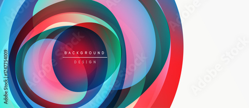 Abstract colorful layers create dynamic circular design. Vibrant hues blend, forming modern background element. Smooth gradients suggest movement.