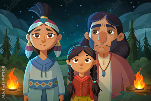 Native American family near campfire in forest night, storytelling and warmth illustration