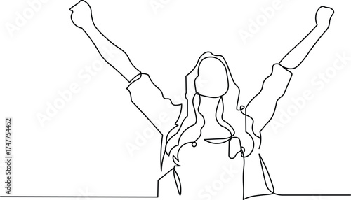 Empowered woman celebrates victory with arms raised in minimalist line art style, perfect for motivational content, business goals, or personal achievement projects