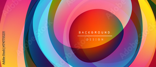 Abstract colorful layers create dynamic circular pattern. Vibrant hues blend, forming modern background design. Smooth gradients offer visual interest.