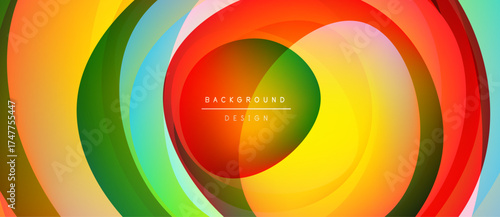 Abstract colorful layers create dynamic circular pattern. Vibrant hues blend, forming modern background design.