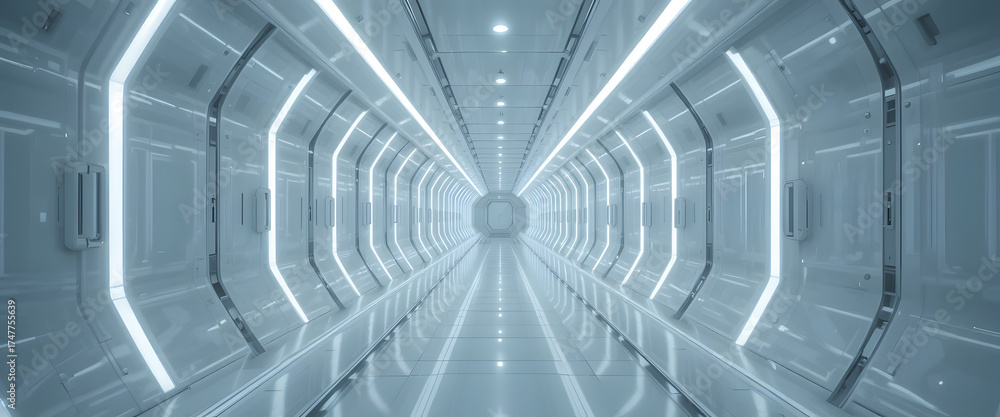 Obraz premium Futuristic glowing sci fi corridor with clean modern design and seamless lighting, perfect for technology and innovation themes.