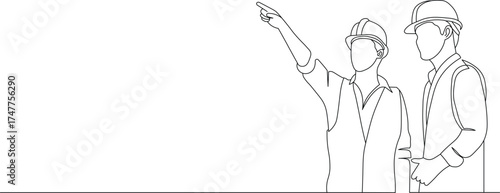 Dynamic line art showing construction workers planning the project, pointing towards the future, team collaboration and innovation in engineering and architecture
