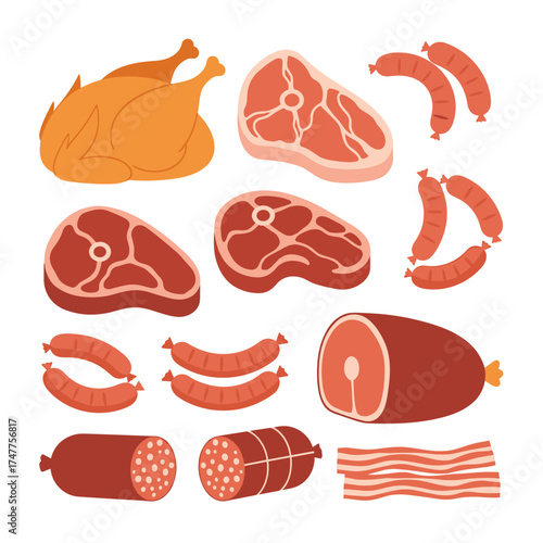A diverse assortment of raw and cooked meats and poultry including whole chicken beef steaks sausages and cured meats.
