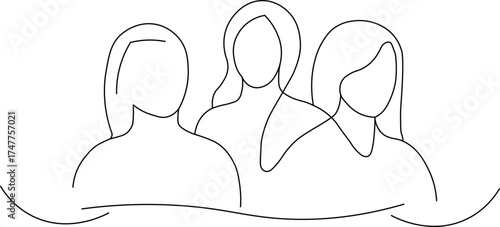 Simple line art illustration showing three women standing together in solidarity, perfect for empowering messages of unity, female friendship, and collaboration, or a professional team