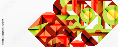 Abstract geometric composition. Shapes overlap, creating dynamic visual effect. Red, green, yellow hues dominate design. Modern art style.