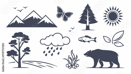 Nature and wildlife icon set with mountain, sun, tree, flower, bird, butterfly, fish, deer, elephant, bear, Nature and wildlife icon set with mountain, sun, tree, flower, bird, butterfly, fish, deer, 