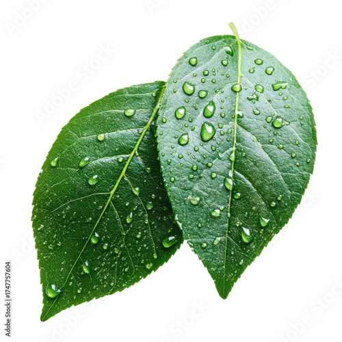 Two leaves with droplets on transparent background