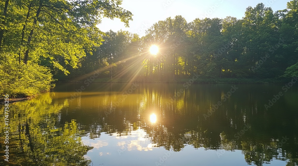 Obraz premium Golden sunbeams pierce lush green forest canopy, casting radiant light onto serene lake reflecting vibrant trees and sky