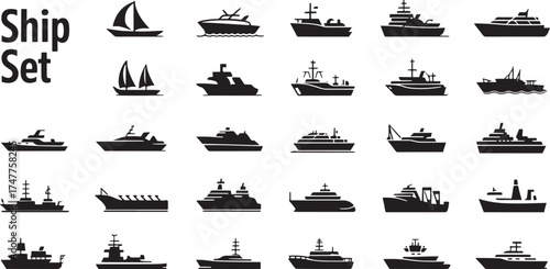 ship icon collection black Diverse art clean background for marine and transportation projects