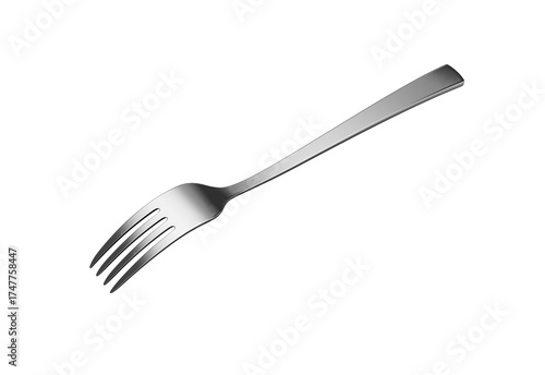 A sleek stainless steel fork with a reflective finish and a slightly curved handle. 3D Illustration