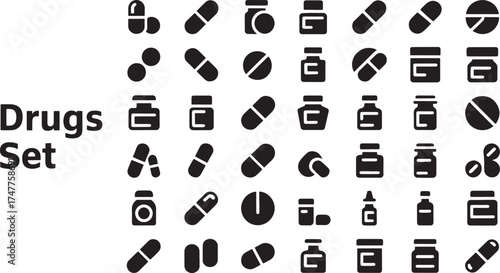 tablet capsule and liquid syrup items icon bundle set black silhouette art clean background
