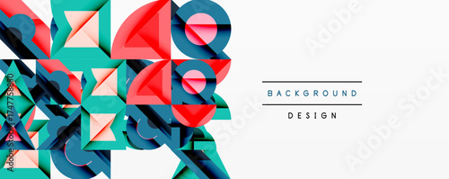 Abstract geometric shapes create vibrant background. Overlapping layers, cool and warm colors, modern design elements present.
