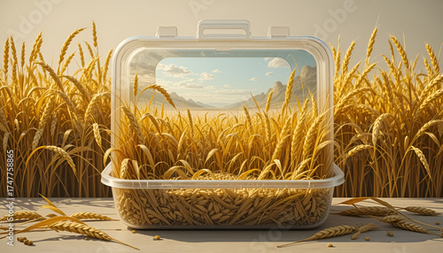 ai generator Image of an open food storage box containing golden wheat lying on the floor suitable for design work