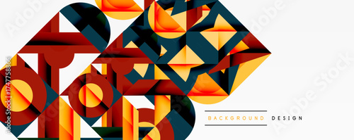 Abstract geometric composition. Orange, brown, navy shapes overlap creating dynamic visual texture. Modern design element.