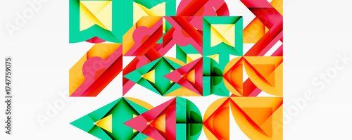 Abstract geometric shapes overlap, creating vibrant colorful composition. Bold hues dominate design, offering modern aesthetic.