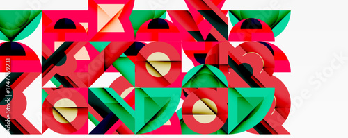 Abstract geometric shapes overlap, creating vibrant red, green, black composition. Modern design, bold colors, dynamic pattern.